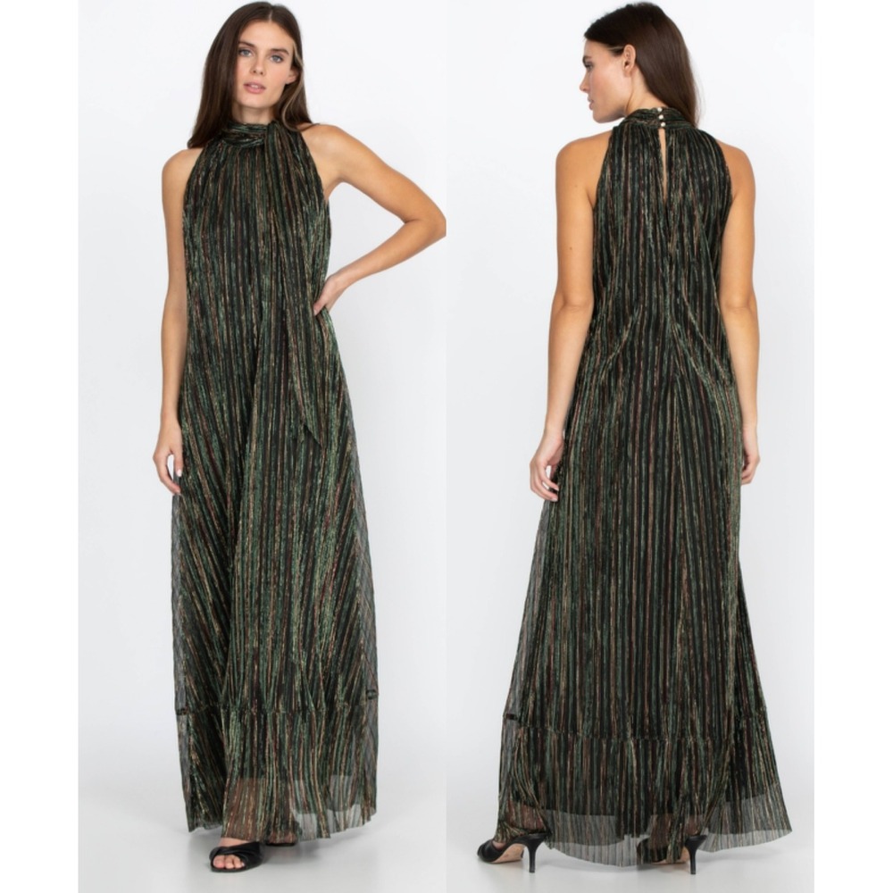 Johnny Was NWT Moonstone Maxi Dress Metallic Stripes Halter Formal Party Size XL